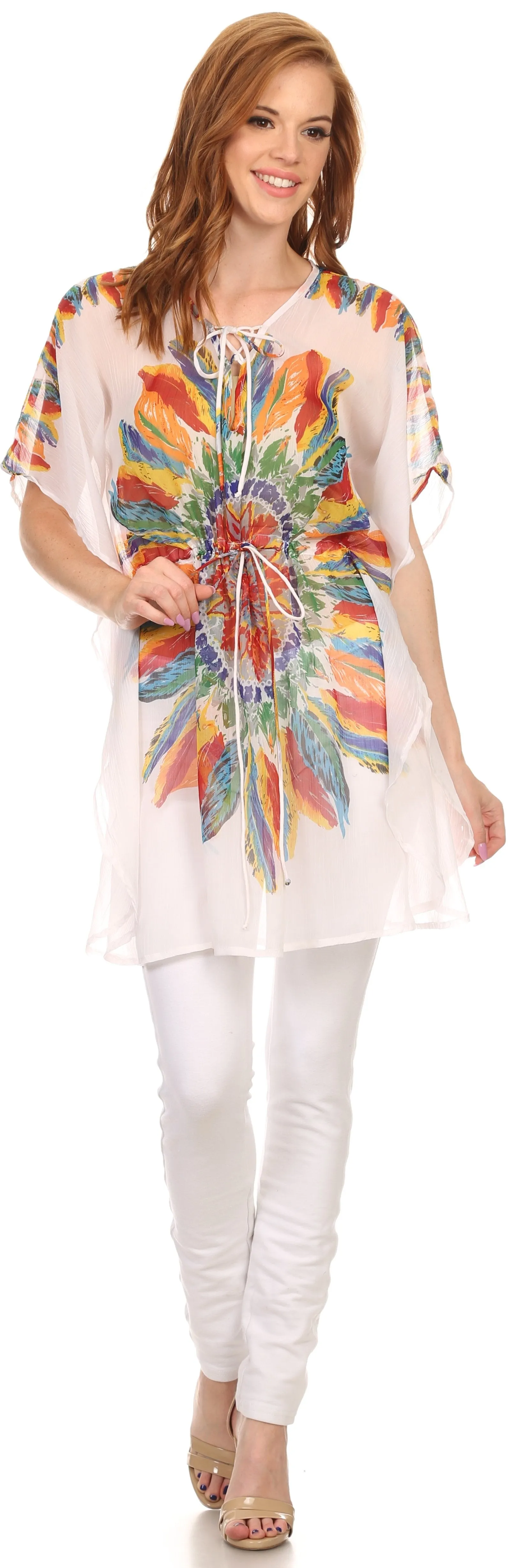 Sakkas Vilvetta Long Wide Adjustable Waist Poncho Top Blouse Feather Print CoverUp