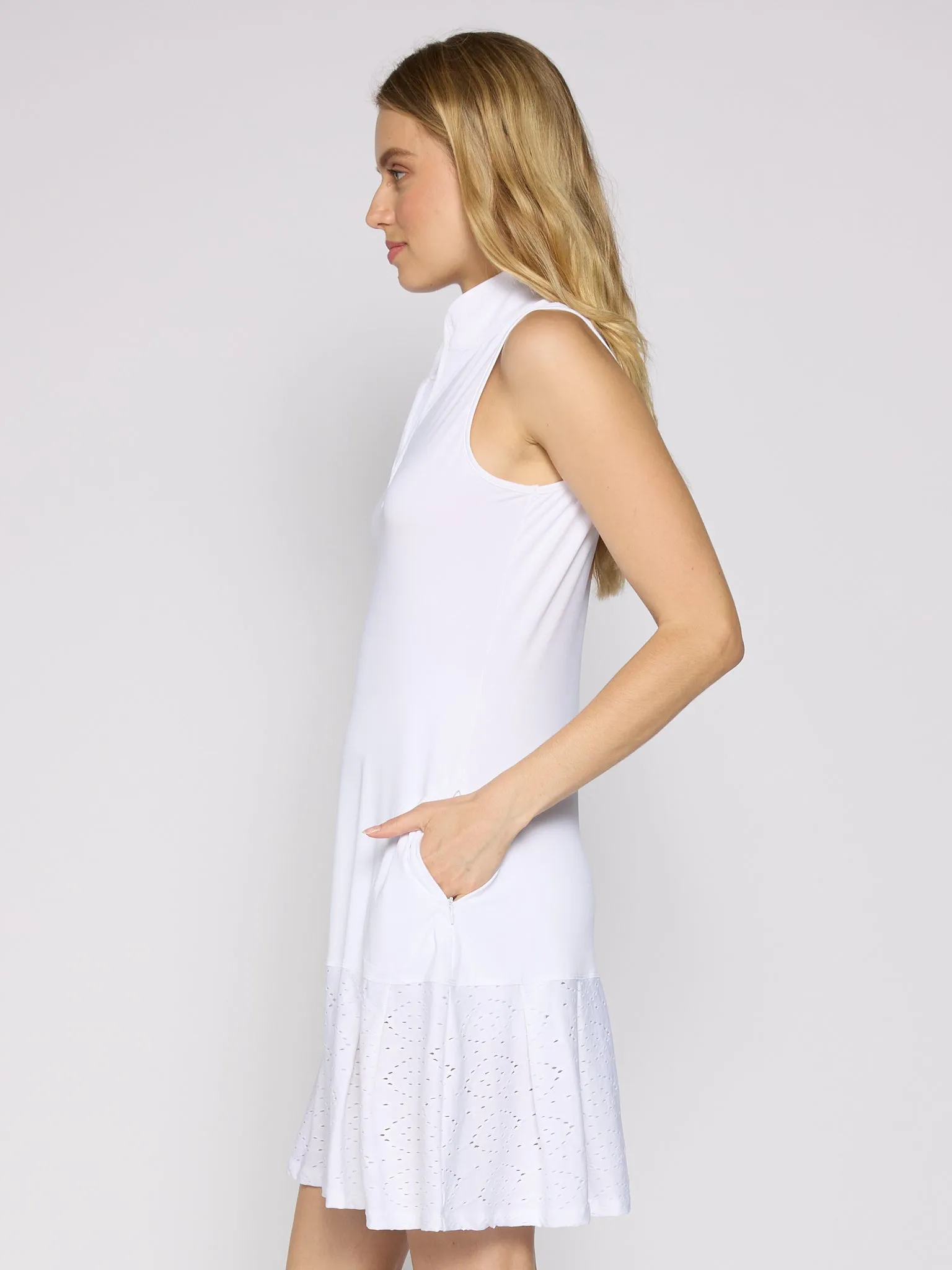 Sleeveless Half Zip Up Dress in White