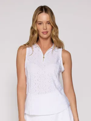 Sleeveless Zip Polo in White Eyelet