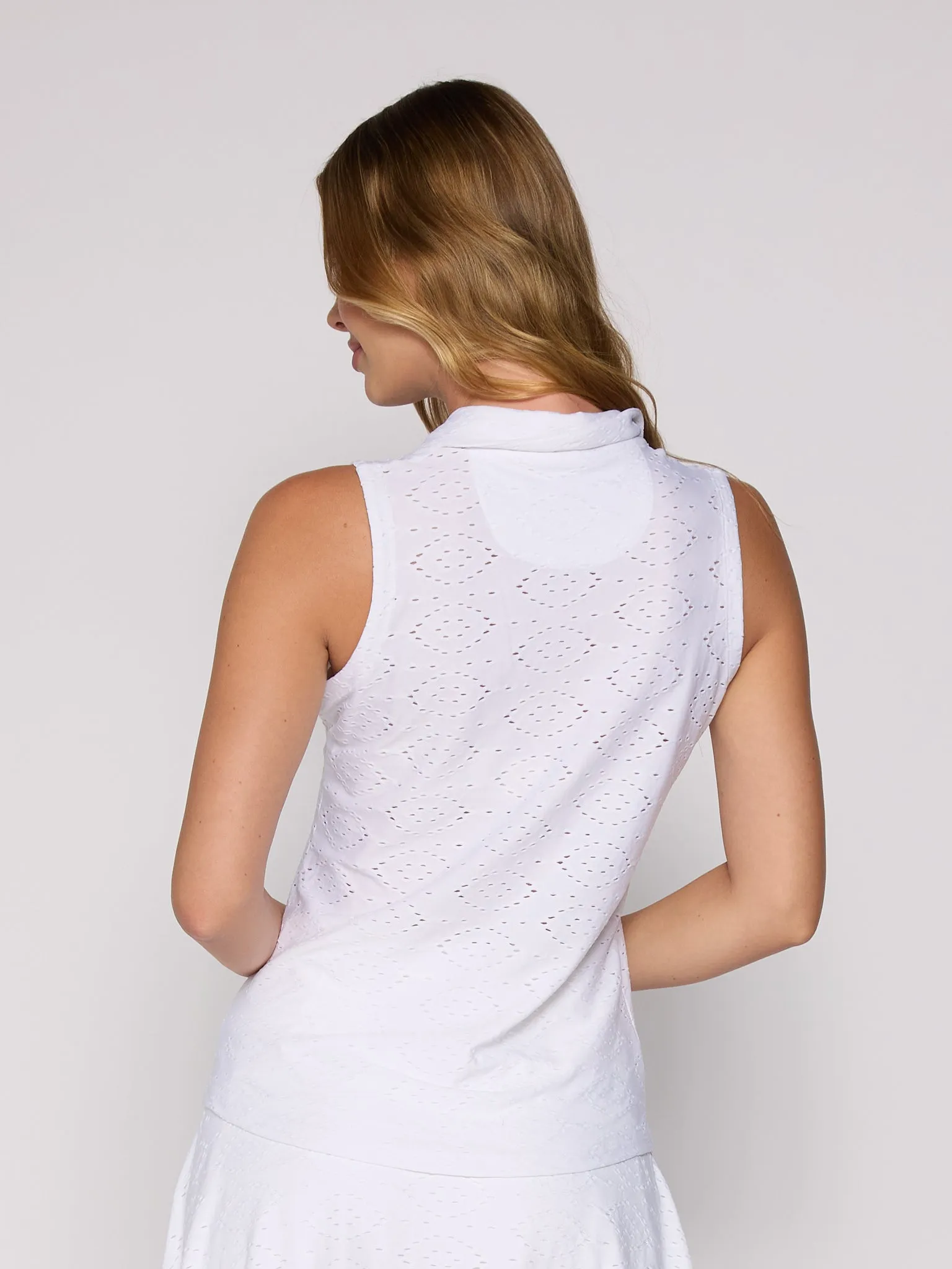 Sleeveless Zip Polo in White Eyelet