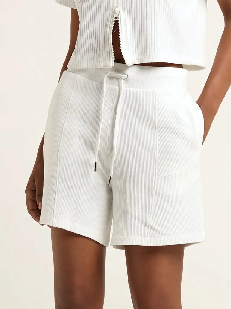 Studiofit White Mid Rise Cotton Ribbed Shorts