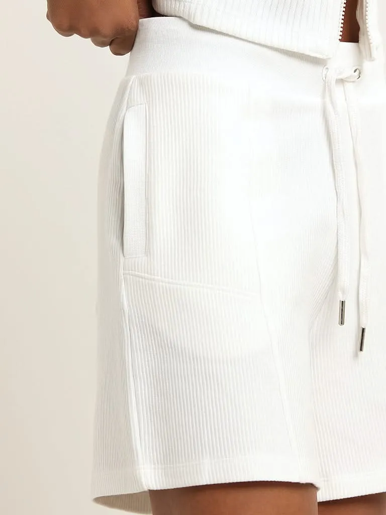 Studiofit White Mid Rise Cotton Ribbed Shorts