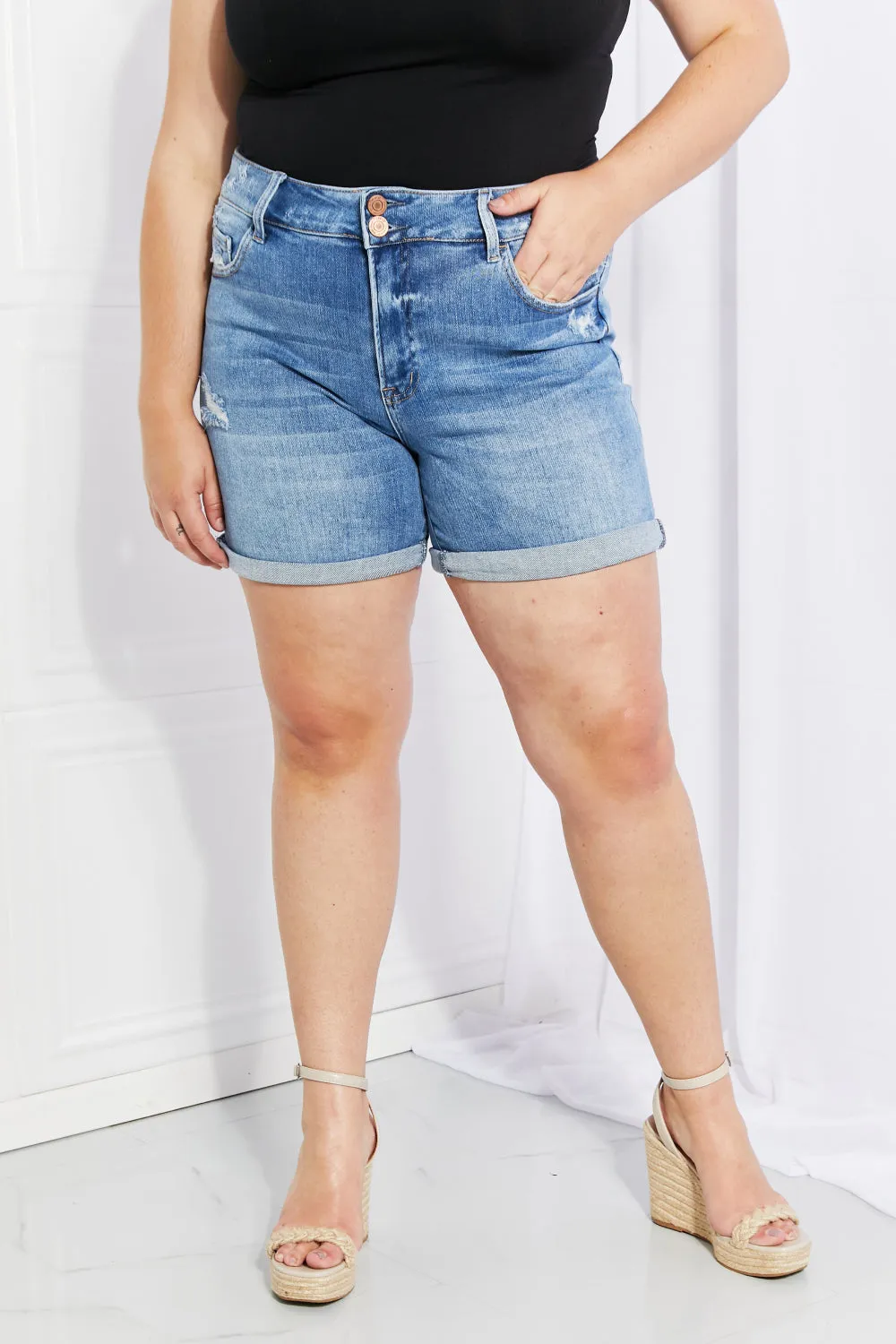 VERVET Full Size High-Waist Cuffed Denim Shorts